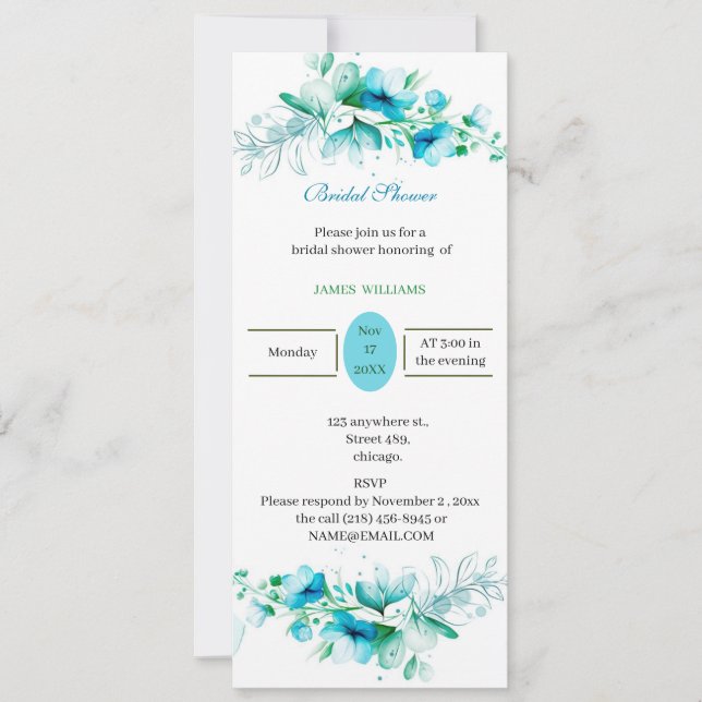 Invitación Personalizado Bridal Shower Blue Flower (Anverso)