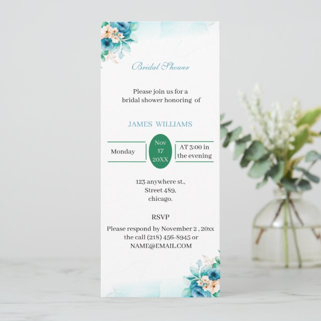 Invitación Personalizado Bridal Shower Elegante Flor Azul (Anverso de pie)