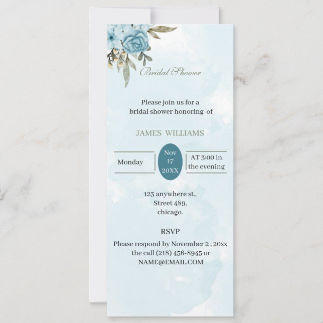 Invitación Personalizado Bridal Shower Elegante Flores azules (Anverso)