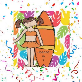 Invitación Personalizado Brunette Chica Surfer Birthday