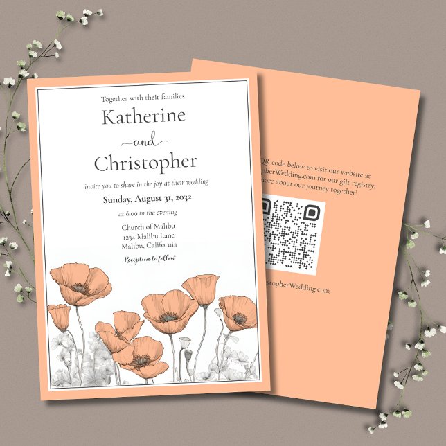Invitación Personalizado California Poppy Peach Floral Boda (California Poppies floral wedding invitation in Peach Fuzz with QR code for wedding website.)
