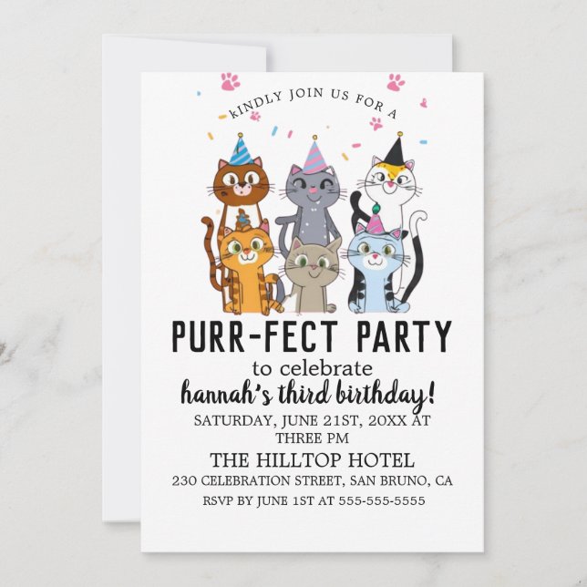 Invitación Personalizado Cats Kids's Purr fect Birthday Party (Anverso)