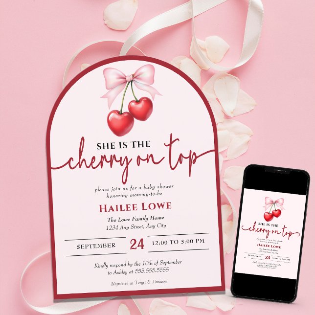 Invitación Personalizado Cherry On Top Coquette Pink Bow Baby (Subido por el creador)