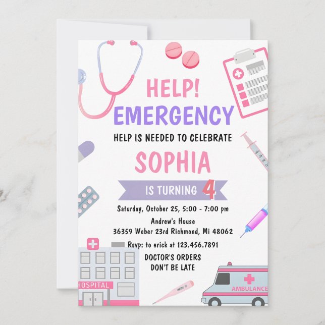 Invitación Personalizado Chica Enfermera Médico Pretende Cump (Anverso)