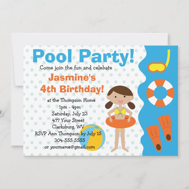 Invitación Personalizado Chica Fiesta de la piscina de cumple (Anverso)
