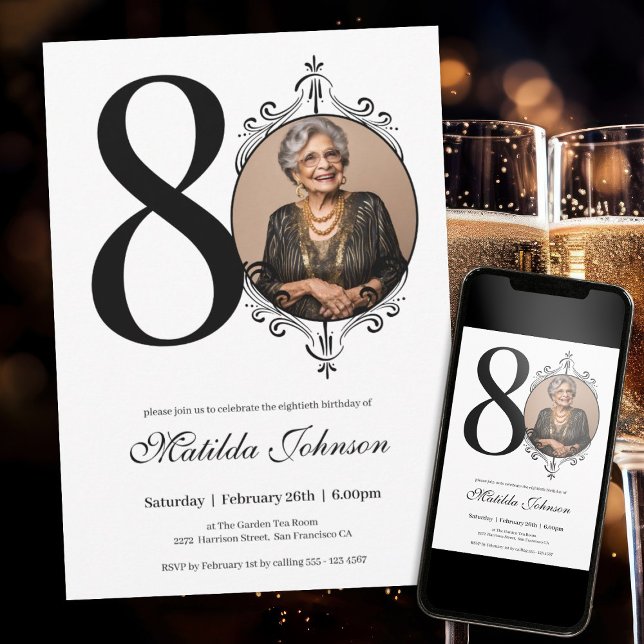 Invitación Personalizado clásico foto negro y blanco 80 cumpl (Classic 80th Birthday Black and White Custom Photo Invitation)