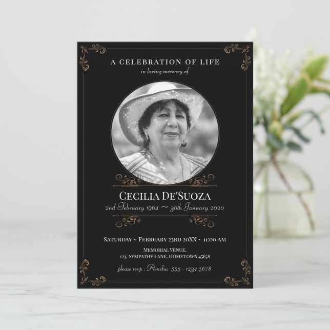 Invitación Personalizado clásico funeral elegante de oro negr (Anverso de pie)