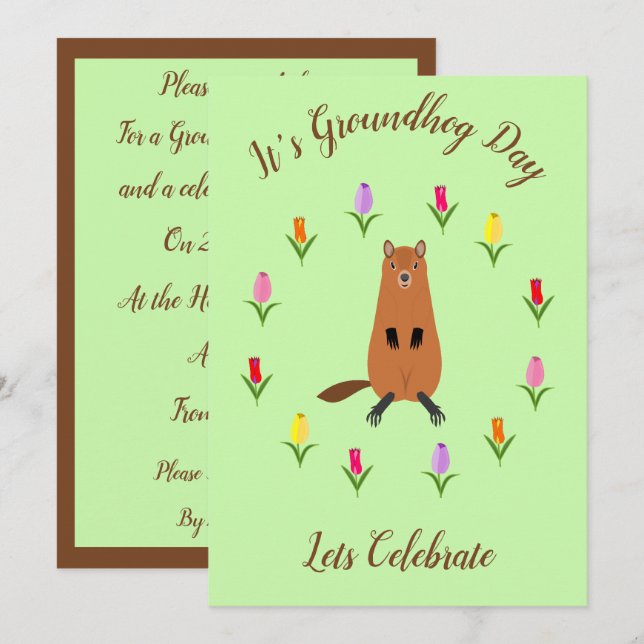 Invitación Personalizado Cute Groundhog y Tulip Flowers (Anverso / Reverso)