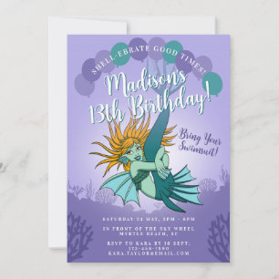 Invitación Personalizado Cute Mermaid Girly Purple 13 cumplea