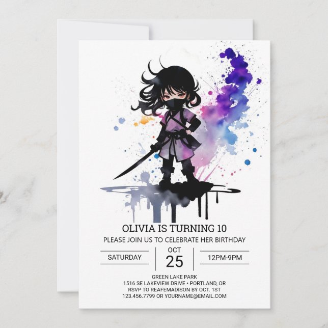 Invitación Personalizado Cute Ninja Chica Cumpleaños (Anverso)