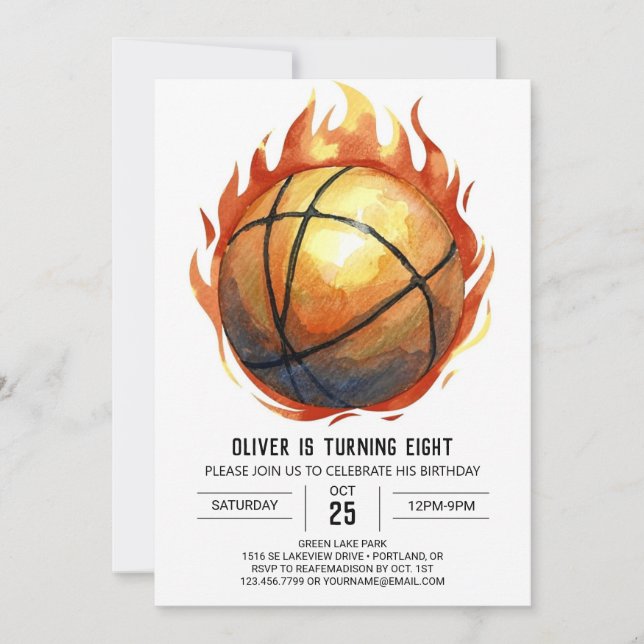 Invitación Personalizado de acuarela Boho Baloncesto Cumpleañ (Anverso)