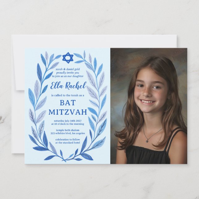 Invitación Personalizado de acuarela botánica FOTO Bat Bar Mi (Anverso)