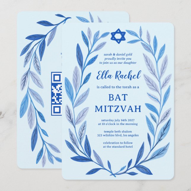 Invitación Personalizado de acuarela botánica QR Bar Bat Mitz (Anverso / Reverso)