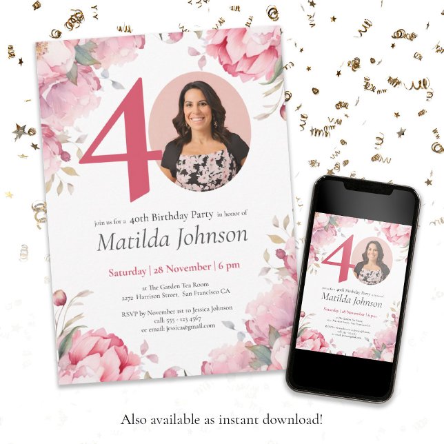 Invitación Personalizado de acuarela floral rosa Foto 40 cump (40th Birthday Pink Floral Watercolor Custom Photo Invitation)