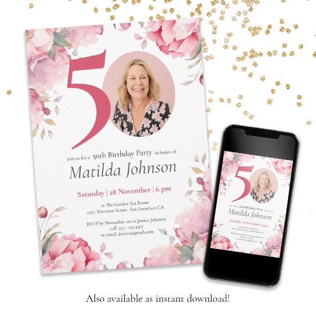 Invitación Personalizado de acuarela floral rosa Foto 50 cump (50th Birthday Pink Floral Watercolor Custom Photo Invitation
)