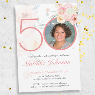 Invitación Personalizado de acuarela floral rosa Foto 50 cump