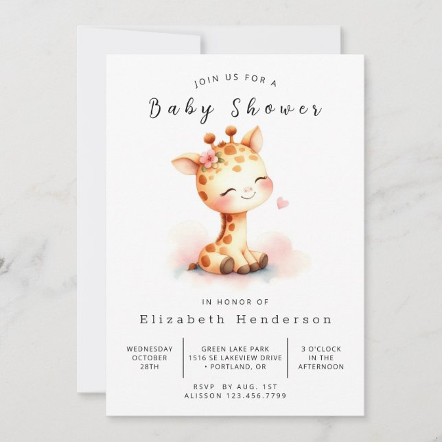 Invitación Personalizado de acuarela Giraffe Baby Shower (Anverso)