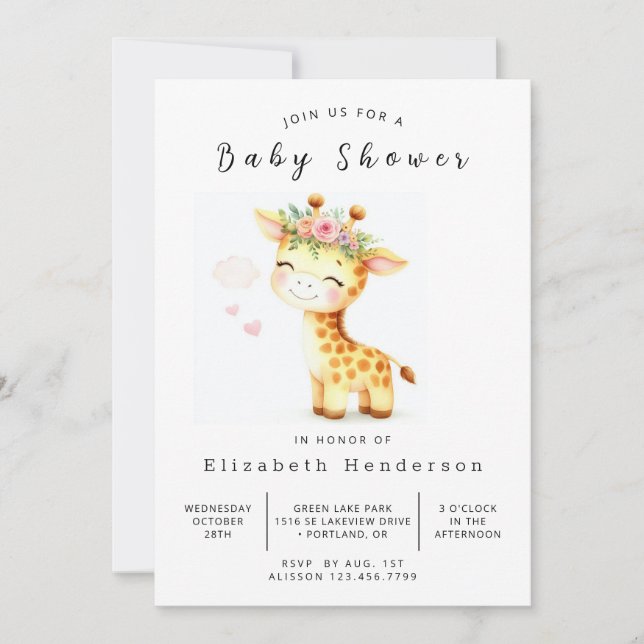 Invitación Personalizado de acuarela Giraffe Baby Shower (Anverso)