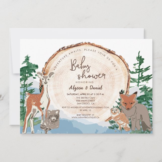 Invitación Personalizado de acuarela Woodland Baby Shower (Anverso)