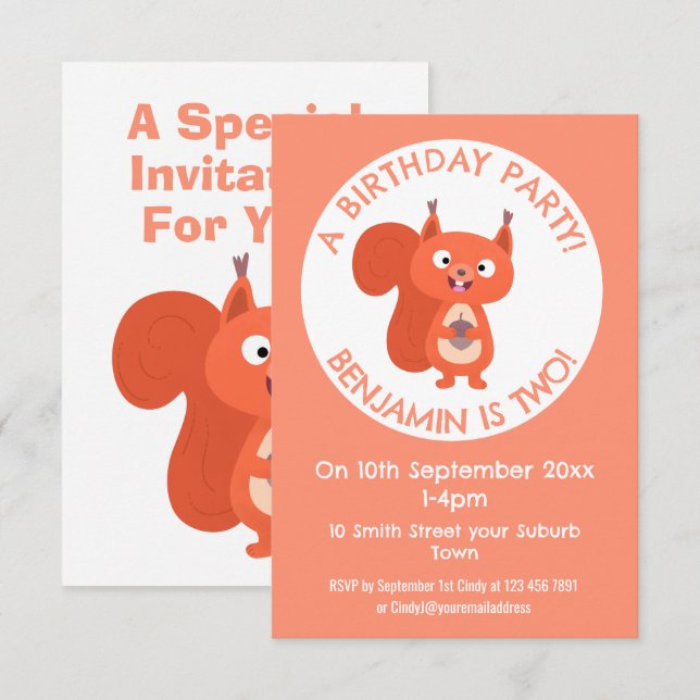 Invitación Personalizado de ardilla roja (Anverso / Reverso)