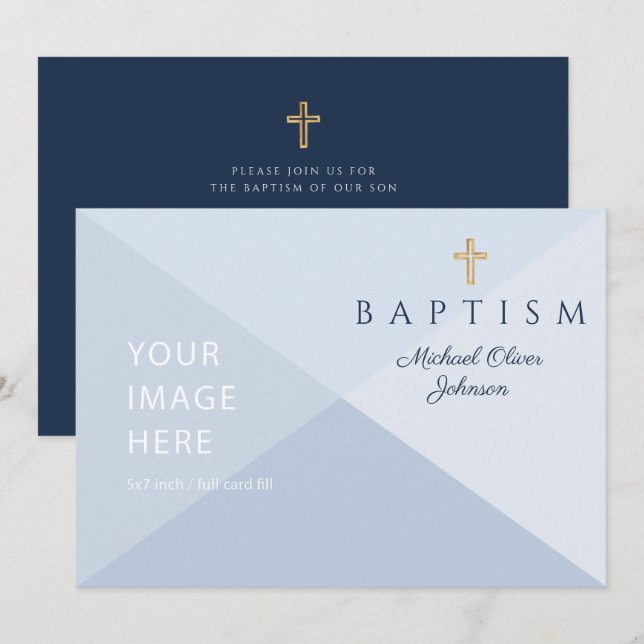 Invitación Personalizado de bautismo de cruz religiosa azul d (Anverso / Reverso)