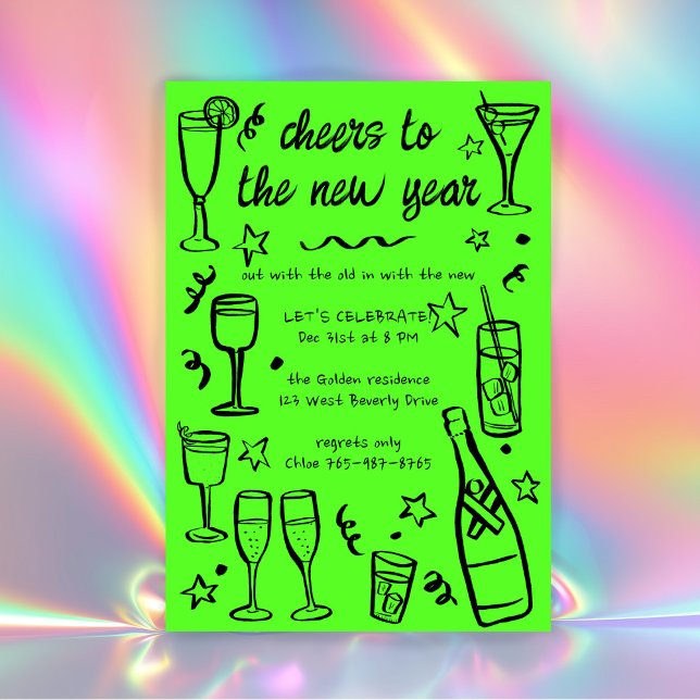 Invitación Personalizado de bebidas de cóctel Fiesta del AÑO  (Whimsical Doodles NEW YEAR Party Cocktail Drinks Custom Neon Lime Green Bold Fun Invitation
)
