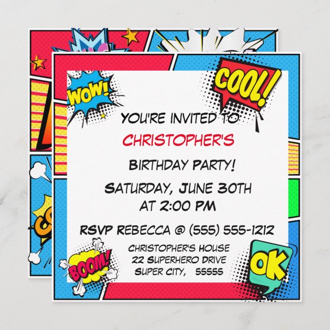 Invitación Personalizado de Birday Boy, Superhéroe de histori (Anverso / Reverso)