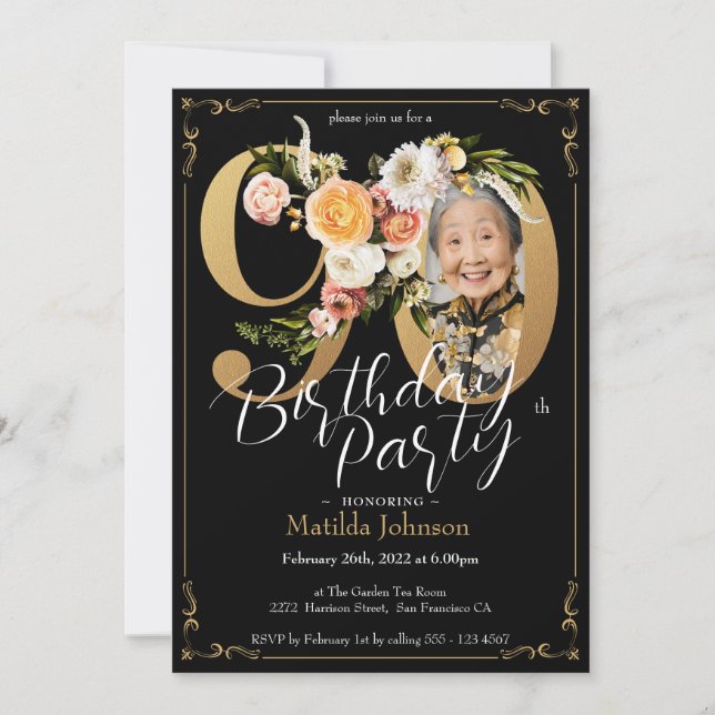 Invitación Personalizado de Black Gold Boho Foto Floral 90 cu (Anverso)