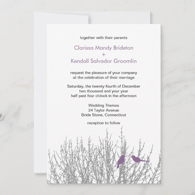 Invitación Personalizado de Bodas de Aves Lilac fr (Anverso)