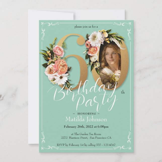 Invitación Personalizado de Boho Floral Mint Gold Foto 60 cum (Anverso)