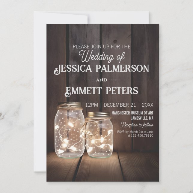 Invitación Personalizado de Cadenas de Luz de Mason Jar, Boda (Anverso)