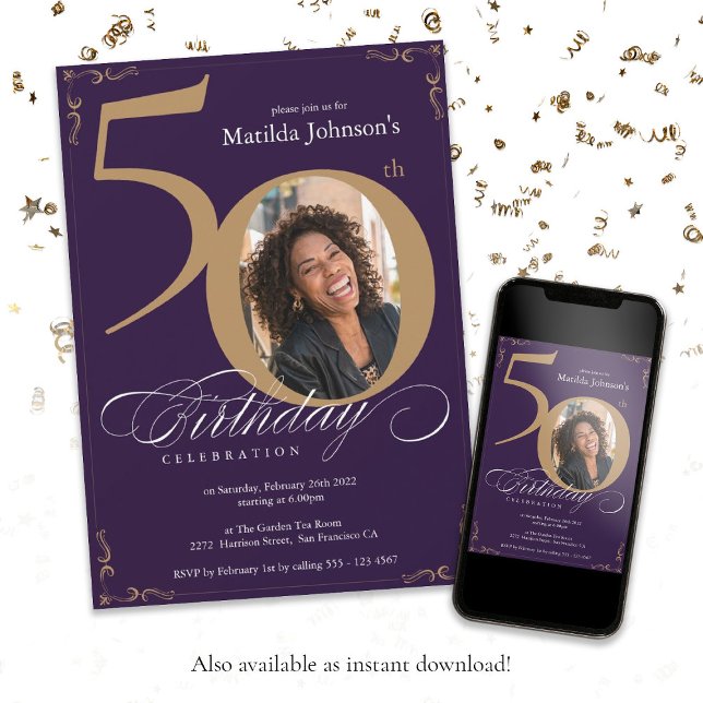 Invitación Personalizado de caligrafía Foto Oro Púrpura 50 cu (Purple Gold 50th Birthday Calligraphy Custom Photo Invitation
)