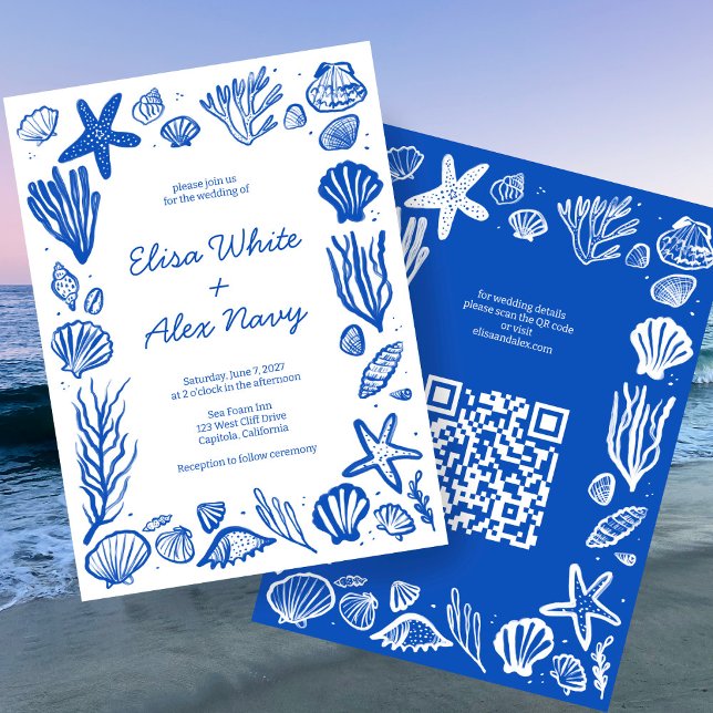 Invitación Personalizado de casamiento de mariscos de marco d (Seashells Frame Beach Wedding CUSTOM QR Code Invitation
)