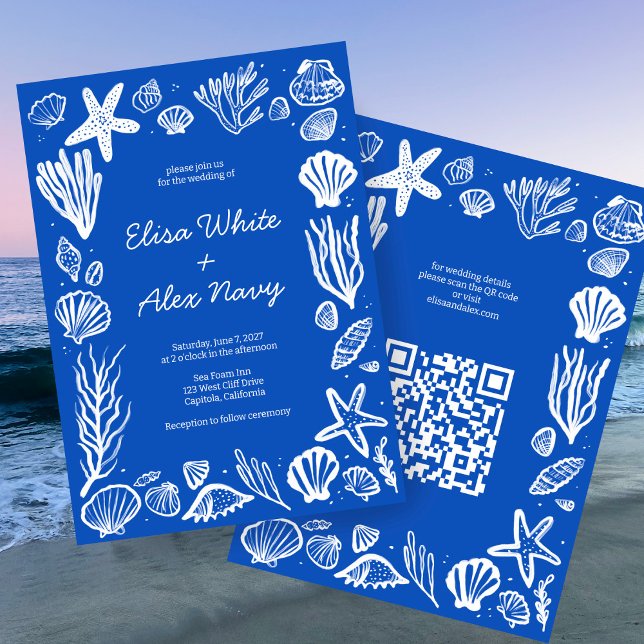 Invitación Personalizado de casamiento de mariscos de marco d (Seashells Frame Beach Wedding CUSTOM QR Code Invitation
)