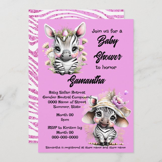 Invitación Personalizado de cebra purpurina chicas de safari  (Anverso / Reverso)