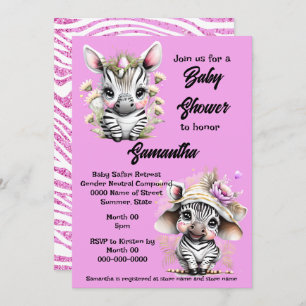 Invitación Personalizado de cebra purpurina chicas de safari 