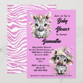 Invitación Personalizado de cebra purpurina chicas de safari
