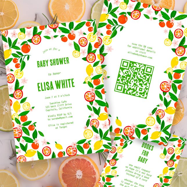 Invitación Personalizado de celebración de cítricos Código QR (Citrus Celebration CUSTOM QR Code BABY SHOWER Invitation
Summer Lemons Oranges Fruits)
