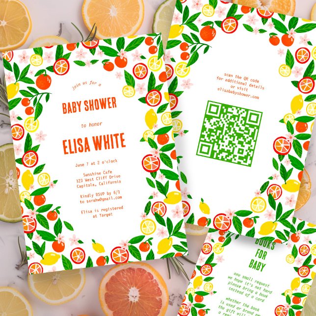 Invitación Personalizado de celebración de cítricos Código QR (Citrus Celebration CUSTOM QR Code BABY SHOWER Invitation
Oranges Lemons Colorful Cute)