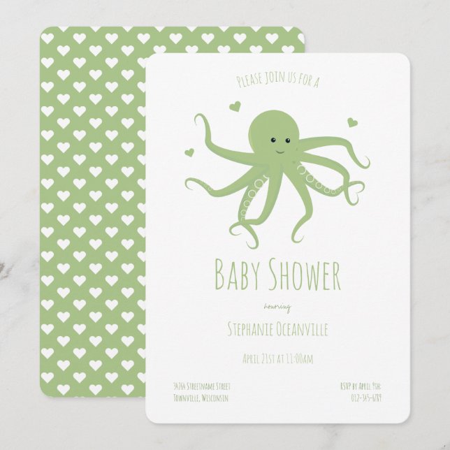 Invitación Personalizado de Corazones Octopus Verdes Baby Sho (Anverso / Reverso)