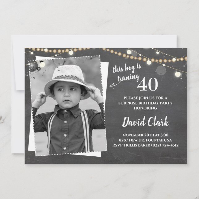 Invitación Personalizado de cumpleaños adulto Foto Chalkboard (Anverso)