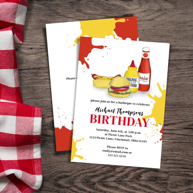 Invitación Personalizado de cumpleaños al aire libre BBQ (Birthday invitation with hamburger, hotdog, ketchup, and mustard. With a scannable QR Code. )