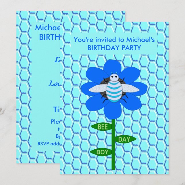 Invitación Personalizado de cumpleaños azul de Happy Bee Day  (Anverso / Reverso)