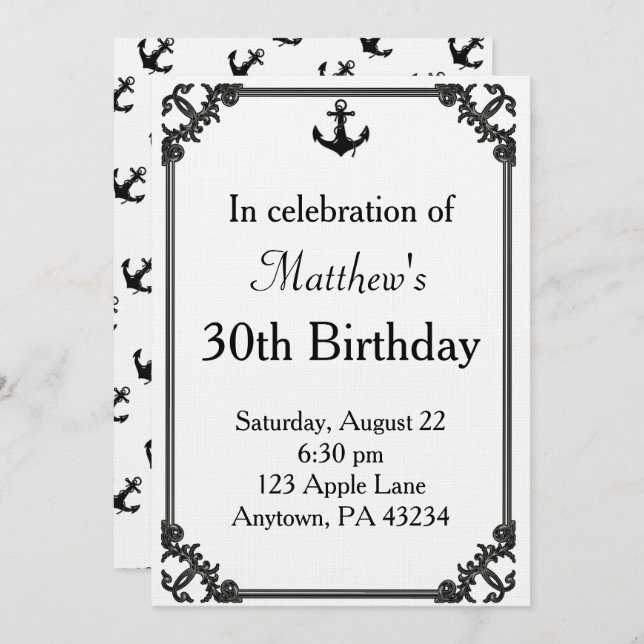 Invitación Personalizado de cumpleaños de Black Boat Anchor (Anverso / Reverso)