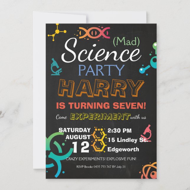 Invitación Personalizado de cumpleaños del Fiesta Mad Science (Anverso)