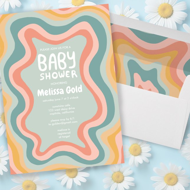 Invitación PERSONALIZADO de curvas de Baby Shower Groovy Past (Colorful pastel curves baby shower custom invitation with matching envelopes too!)