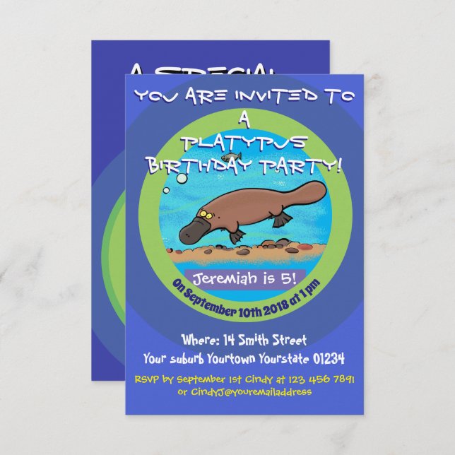 Invitación Personalizado de Cute Platypus 5 años de invitació (Anverso / Reverso)