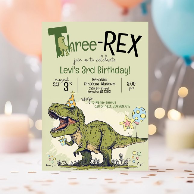 Invitación Personalizado de Dinosaurio Cute 3-Rex 3 Fiesta de (Cute Cartoon T-Rex Dinosaur wearing a birthday hat, Three-Rex 3rd birthday party invitation, green)