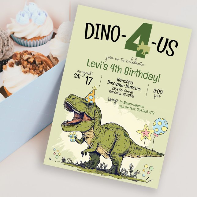 Invitación Personalizado de dinosaurios Cute Dino-4-us cuarto (Cute Funny cartoon dinosaur wearing a party hat four 4th birthday party invitation, dino-4-us, green)
