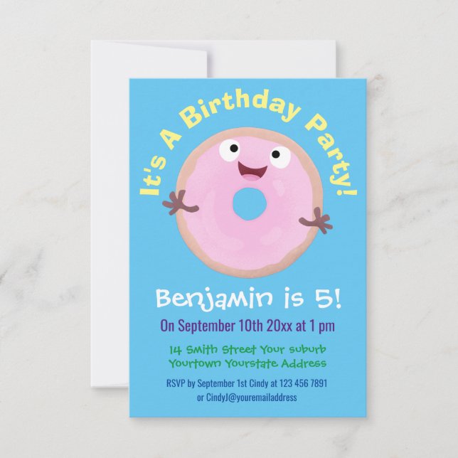 Invitación Personalizado de donut rosa alegre y brillante (Anverso)